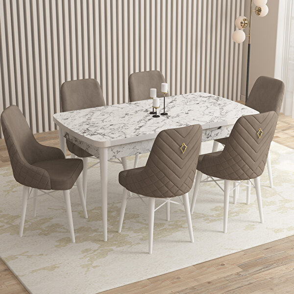 Rovena Flora Beyaz Mermer Desen 80x132 Mdf Açılabilir Mutfak Masası Takımı 6 Adet Sandalye Cappucino