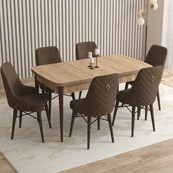 Rovena Flora Meşe Desen 80x132 Mdf Açılabilir Mutfak Masası Takımı 6 Adet Sandalye Kahverengi