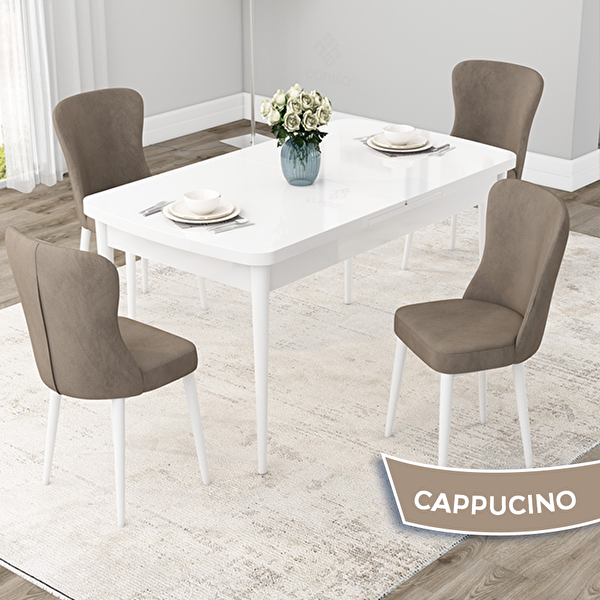 Canisa Due Serisi 80x132 Açılabilir Beyaz Mutfak Masası Takımı Ve 4 Cappucino Sandalye Cappucino