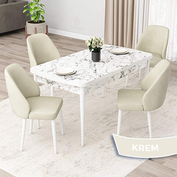 Canisa Orf Serisi 80x132 Açılabilir Beyaz Mermer Desen Mutfak Masası Takımı Ve 4 Krem Sandalye Krem