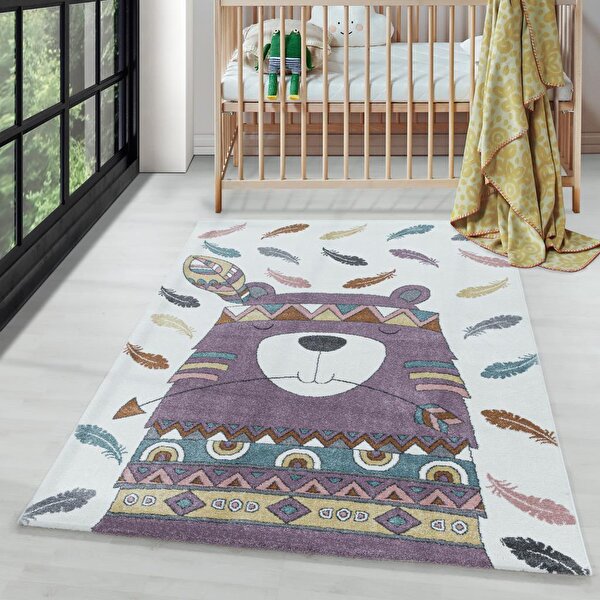 Carpettex Çocuk Bebek Odası Halısı Kızılderili Ayı Tüy Temalı Lila Beyaz 120x170 cm