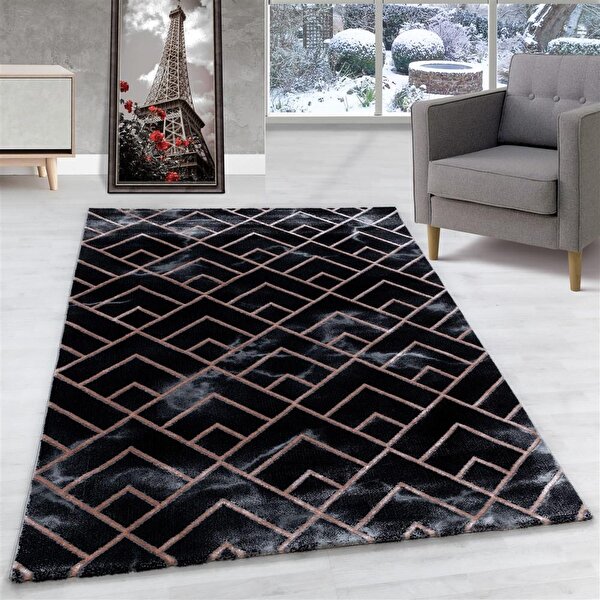 Carpettex Modern Karma Abstrak Kareler Mermer Desenli Halı Siyah Bakır Bronz Gri 200x290 cm