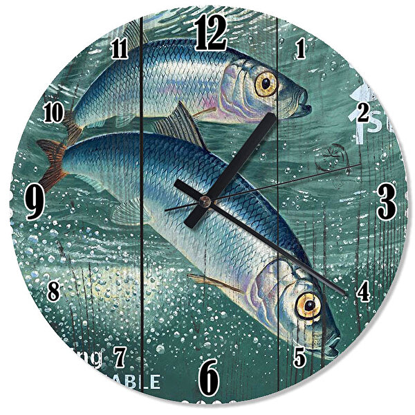 Cakasaat Ahşap Zeminde İki Sardalya Balığı Duvar Saati
