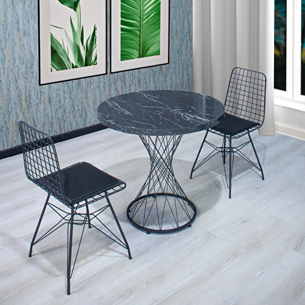 Elis Yemek Masa Sandalye Takımı 2 Kişilik Telli Sandalye Yuvarlak Hasır  Masa 80 Cm Siyah Mermer