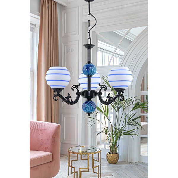 新種　No.15 ブルーアクトゥリアンシーライト DD Avize Üç Kollu Zamak Avize Siyah Mavi Çizgili Beyaz Camlı Mavi