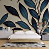 Mavi Yaprak İşleme Desenli Duvar Kağıdı - Dkm882031