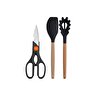 Siyah Bambu Silikon Servis Seti - Kepçe, Kaşık, Kevgir, Makarna, Açılı Düz Spatula, Makas 7 Adet