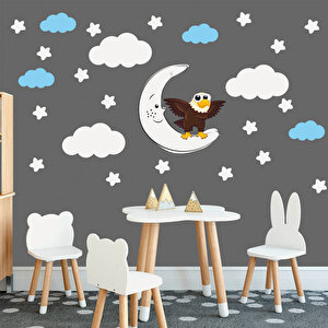 Tilki Dünyası Sevimli Kartal , Beyaz Yıldızlar Ve Mavi Bulutlar Dekoratif Bebek Çocuk Odası Duvar Sticker Tilki/76282