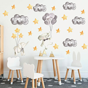 Tilki Dünyası Sevimli Filler, Sarı Yıldızlar , Gri Bulutlar Çocuk Odası Sticker Tilki/75956
