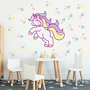 Tilki Dünyası Unicorn Ve Renkli Kalpler Bebek Ve Çocuk Odası Duvar Sticker Tilki/75139