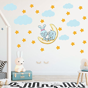 Tilki Dünyası Sevimli Tavşanlar Sarı Yıldızlar Ve Mavi Bulutlar Dekoratif Bebek Çocuk Odası Duvar Sticker Tilki/75137