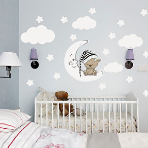 Tilki Dünyası Uyuyan Ayıcık , Beyaz Yıldızlar Ve Bulutlar Dekoratif Bebek Çocuk Odası Duvar Sticker Tilki/74983
