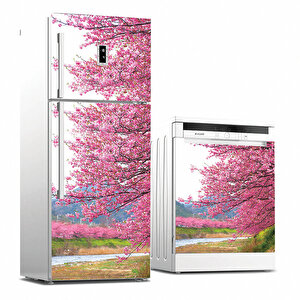 Tilki Dünyası Pembe Çiçekler Buzdolabı Ve Bulaşık Makinesi Takım Sticker 0035