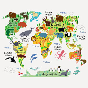 Tilki Dünyası Eğitici Renkli Dünya Haritası , Dünya Atlası Çocuk Ve Bebek Duvar Sticker Tilki/74933