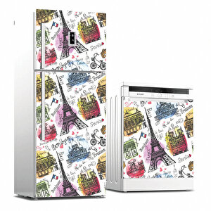 Tilki Dünyası Paris Desenli Buzdolabı Ve Bulaşık Makinesi Takım Sticker 0029