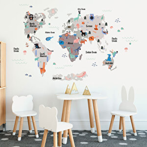 Tilki Dünyası Eğitici Gri - Koyu Gri Renkli Dünya Atlası Haritası Çocuk Ve Bebek Odası Duvar Sticker Tilki/75985
