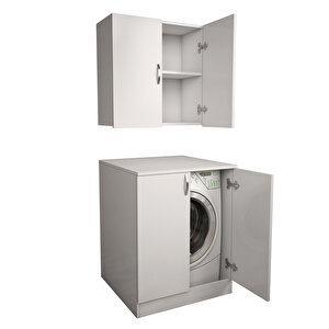 Çok Amaçlı Banyo Üst Dolaplı Çamaşır Makinesi Dolabı Takımı Beyaz CD4