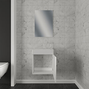 Ayaksız Tek Kapaklı Lavabolu Beyaz Mdf 50 cm Banyo Dolabı + 45 x 70 Ayna AL5