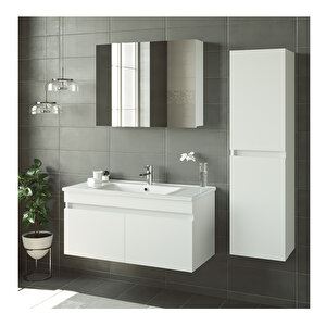 Ayaksız 2 Kapaklı Lavabolu Beyaz Mdf Banyo Dolabı Seti TM3 100 cm