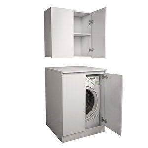 Çok Amaçlı Banyo Üst Dolaplı Çamaşır Makinesi Dolabı Takımı - Beyaz CD1