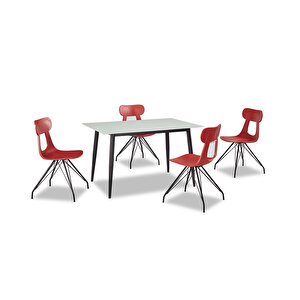 Smart Plastik Bahçe Masa Takimi (4 Sandalye + 80X125 cm Camli Masa) Beyaz Cam Yakut Kırmızı