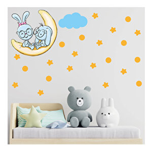 Tilki Dünyası Ay Üzerinde Oturan Sevimli Tavşanlar Duvar Sticker S0091 St