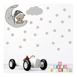 Tilki Dünyası Ay Üzerinde Uyuyan Sevimli Ayıcık - Gri Yıldızlar - Puantiyeler Ve Gri Bulut Çocuk Odası Duvar Sticker S0089 St