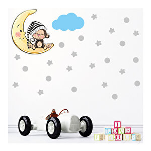 Tilki Dünyası Ay Üzerinde Uyuyan Sevimli Maymun - Gri Yıldızlar - Puantiyeler Ve Mavi Bulut Çocuk Odası Duvar Sticker S0087 St