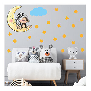 Tilki Dünyası Ay Üzerinde Uyuyan Sevimli Maymun - Sarı Yıldızlar - Puantiyeler Ve Mavi Bulut Çocuk Odası Duvar Sticker S0088 St