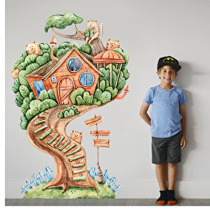 Tilki Dünyası Ağaç Ev Ve Kediler Çocuk Odası Duvar Sticker T0357 St