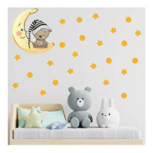 Tilki Dünyası Ay Üzerinde Uyuyan Sevimli Ayıcık - Sarı Yıldızlar Ve Puantiyeler Çocuk Odası Duvar Sticker S0070 St