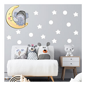 Tilki Dünyası Ay Üzerinde Uyuyan Sevimli Fil Beyaz Yıldızlar Ve Puantiyeler Çocuk Odası Duvar Sticker S0018 St