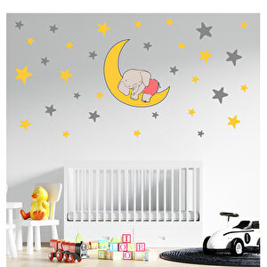 Tilki Dünyası Ay Üzerinde Uyuyan Sevimli Fil Çocuk Odası Duvar Sticker T0336 St