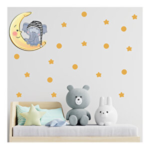 Tilki Dünyası Ay Üzerinde Uyuyan Sevimli Fil Çocuk Odası Duvar Sticker S0116 St