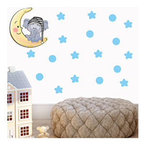 Tilki Dünyası Ay Üzerinde Uyuyan Sevimli Fil - Mavi Yıldızlar Ve Puantiyeler Çocuk Odası Duvar Sticker S0017 St