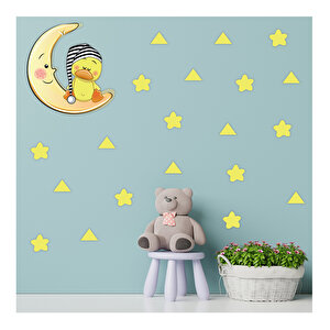 Tilki Dünyası Ay Üzerinde Uyuyan Sevimli Ördek - Sarı Yıldız Ve Üçgenler Çocuk Odası Duvar Sticker S0114 St