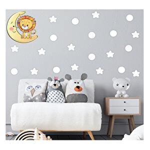 Tilki Dünyası Ay Üzerindeki Sevimli Aslan - Beyaz Yıldızlar Ve Puantiyeler Çocuk Odası Duvar Sticker S0105 St