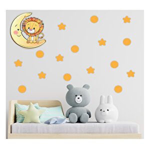 Tilki Dünyası Ay Üzerindeki Sevimli Aslan - Sarı Yıldızlar Ve Puantiyeler Çocuk Odası Duvar Sticker S0104 St