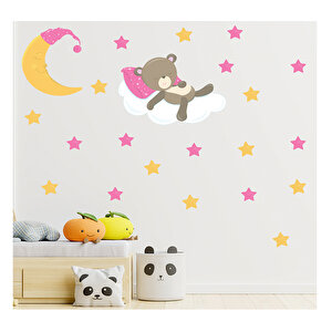 Tilki Dünyası Bulut Üzerinde Uyuyan Ayıcık Sevimli Ay - Pembe Ve Sarı Yıldızlar Çocuk Odası Duvar Sticker S0113 St