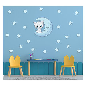 Tilki Dünyası Mavi Bulut Üzerindeki Sevimli Kedi Çocuk Odası Duvar Sticker S0008 St