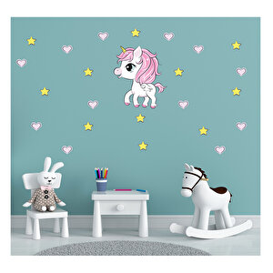 Tilki Dünyası Minik Unicorn Pembe Kalpler Ve Sarı Yıldızlar Çocuk Odası Sticker T0343 St