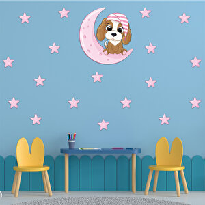 Tilki Dünyası Pembe Ay Üzerindeki Sevimli Köpek Çocuk Odası Duvar Sticker S0009 St