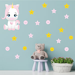 Tilki Dünyası Sevimli Unicorn Pembe Ve Sarı Renk Yıldızlar Ve Puantiyeler Çocuk Odası Duvar Sticker S0206 St