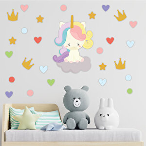 Tilki Dünyası Sevimli Unicorn Taç - Kalpler Ve Puantiyeler Çocuk Odası Duvar Sticker Çocuk Odası Duvar Sticker S0327 St