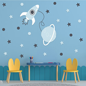 Tilki Dünyası Uzay Aracı Gezegen - Bebe Mavisi Lacivert Yıldızlar Ve Puantiyeler S0005 St