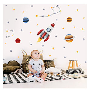 Tilki Dünyası Uzay Aracı Gezegenler Sarı Ve Gri Yıldızlar Çocuk Odası Duvar Sticker T0361 St