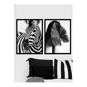 Zebra ve Kadın Tablo Set 30x40 cm Siyah