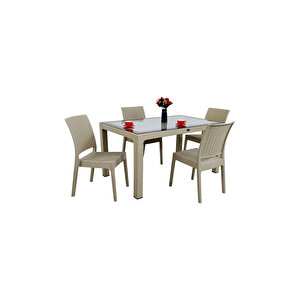 Elit Rattan 90x150 4 Kişilik Elit Sandalye Camlı Masa Takımı Cappucino