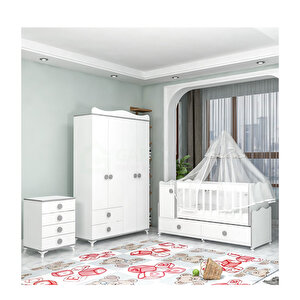 Pırlanta Yıldız 4 Kapaklı Bebek Odası Takımı Gri Kombinli Uyku Seti Beyaz
