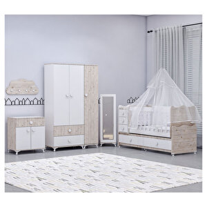 Melina Damla Aynalı Bebek Odası Takımı Yatak Uyku Seti Kombinli Uyku Seti Beyaz